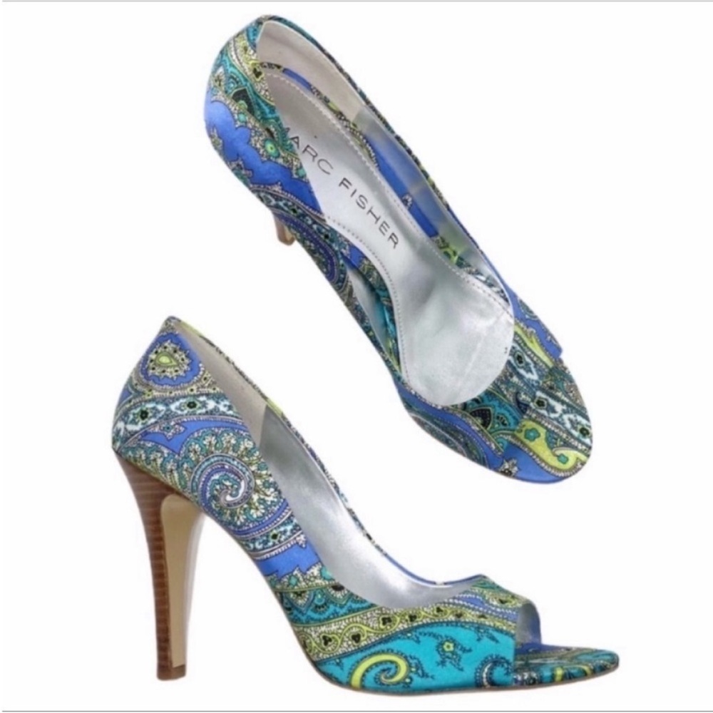 MARC FISHER paisley satin heels shoes 8m - Picture 2 of 10